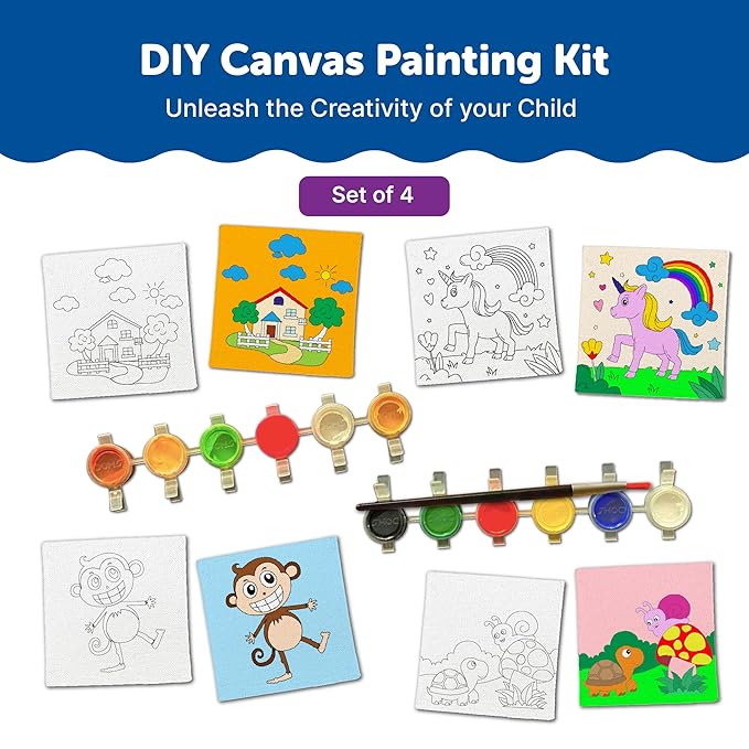 Mini Leaves Mini Canvas Art and Craft Paint Kit for Beginner With Wooden Easel, Colours, Painting Brush for Girls Boys 4-6 Years | Set of 4