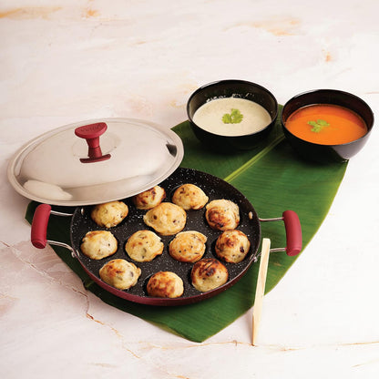 Cello Non-Stick 12 Cavity Appam Patra Kan with Stainless Steel Lid | 2 Side Handle | Appam Maker