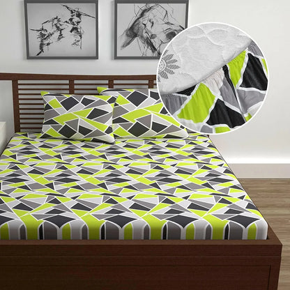 Divine Casa Bedsheet For Double Bed Elastic Fitted Cotton Printed Bed Sheets For Double Bed Set With 2 King Size Pillow Covers Colour Green
