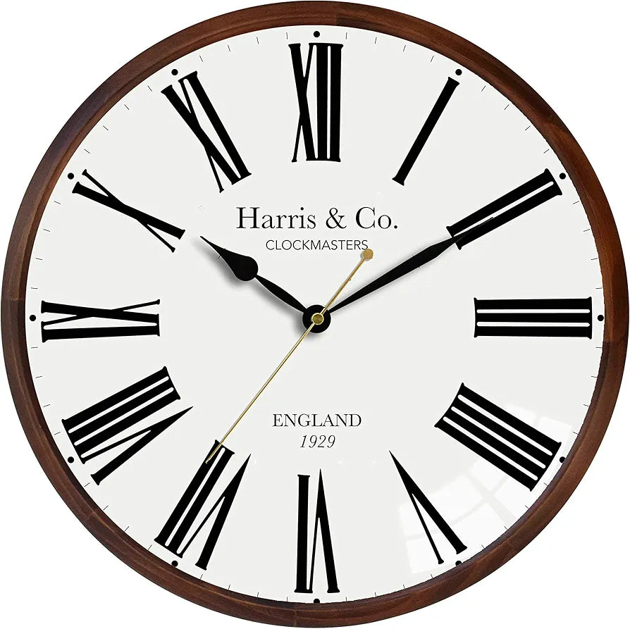 Harris & Co. Clockmasters Luxury Wooden Frame Curved Glass Silent Sweep Noiseless Technology Roman Design Analog Wall Clock With Spade Hands
