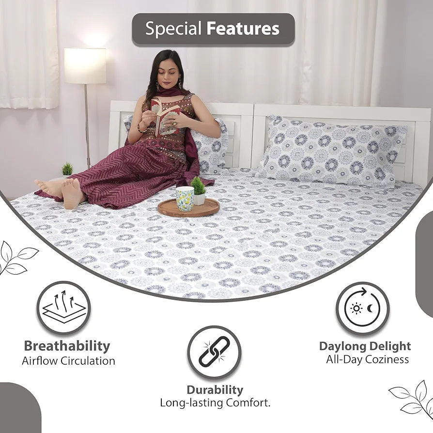 Divine Casa 100% Cotton Bedsheet for Single Bed 144 TC Bedsheet Single Size Bed Cotton with 1 Pillow Cover Colour Blue Beige