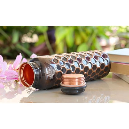 Indian Art Villa Pure Copper Water Bottle With Antique Dark Diamond Hammered Design