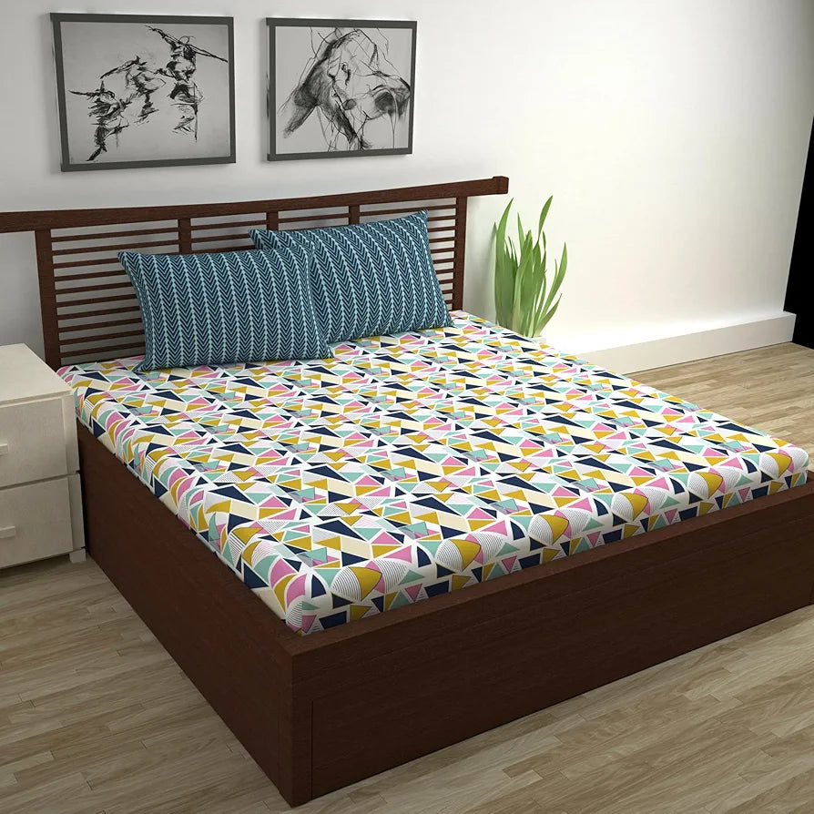 Divine Casa Double Size Bedsheet for Double Bed 144 TC Pure Cotton Queen Size with 2 Pillow Covers Geometric Colour Multicolor