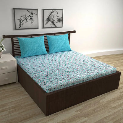 Divine Casa 144 TC 100% Cotton Double Bedsheet with 2 Pillow Covers Tropical Leaf Colour Light Blue Pink