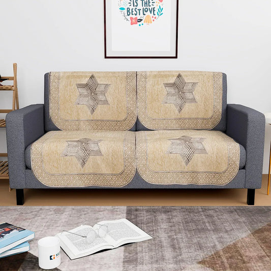 Kuber Industries Set of 4 Durable 2 Seater Sofa Cover for Living Room Star Print Cream & Brown