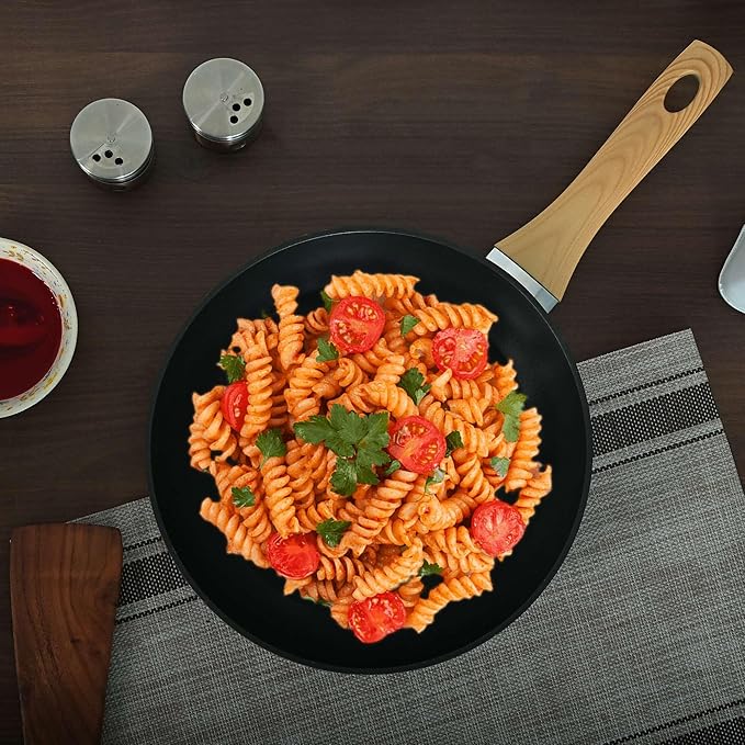 Femora Foged Die Cast Aluminium Non Stick 24 Cm Frypan With Wood Finish Handle | Granite Finish | Induction & Gas Ready