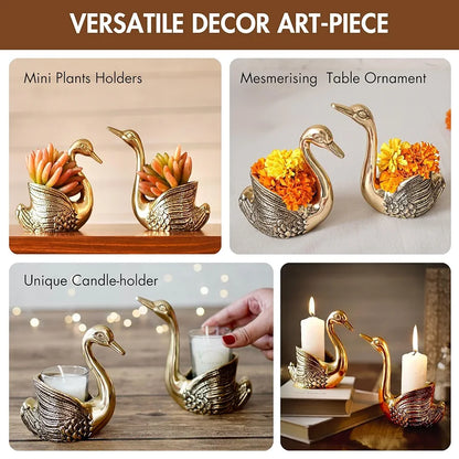 BEHOMA Aluminium Pair of Swans for Good Luck and Love | Candle Holder for Home| Showpiece for Gifting Anniversary Valentine's Day , Gold,13.5L x 7.5W x 14H Centimeters