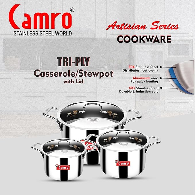 Camro Triply Artisian Serving Pot with Lid 13 No 2.4 Liters Induction Friendly Dishwasher Safe