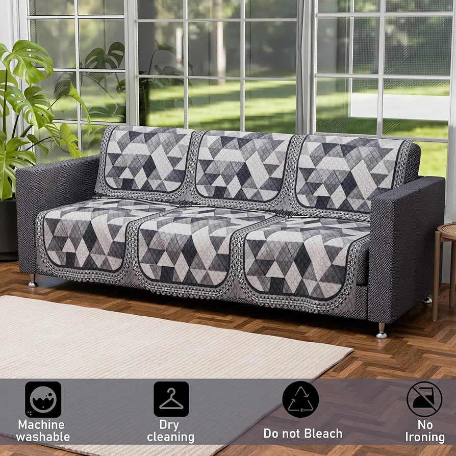 Kuber Industries Set of 10 Anti-Skid Sofa Cover 5-Seater Triangular Ultra Sonic BMW-White Grey