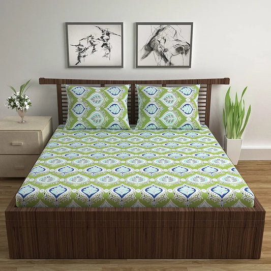 Divine Casa Double Size Bedsheet for Double Bed, 144 TC Pure Cotton Queen Size with 2 Pillow Covers Colour Palm Green