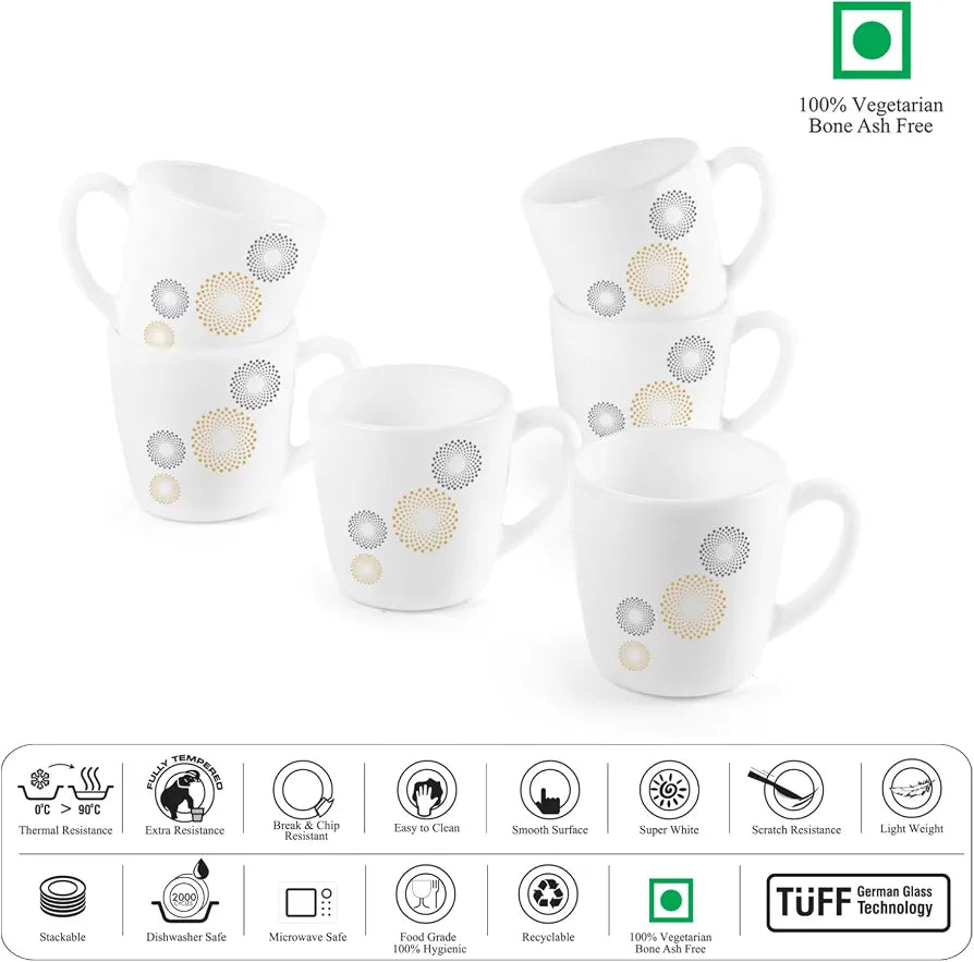 CELLO Ricca Mug 6 Pcs Set | Cups for Tea,Coffee,Espressoc| Thermal Resistant | Light Weight | Ideal Gifting Option | Crazy Dots | 100ml