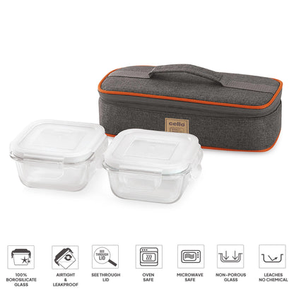Cello Royale Borosilicate Glass Lunch Box Horizontal Set of 3 with Jacket