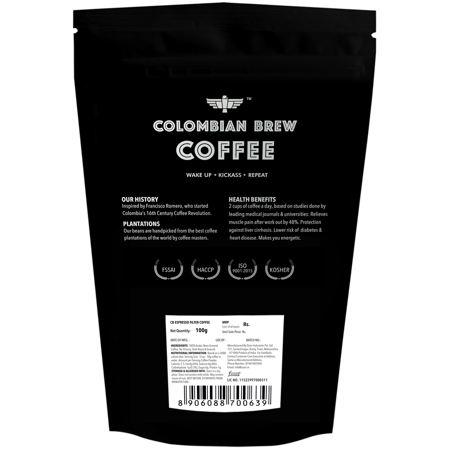 Colombian Brew Arabica Espresso Filter Coffee Powder, Roast & Ground Strong, 100g