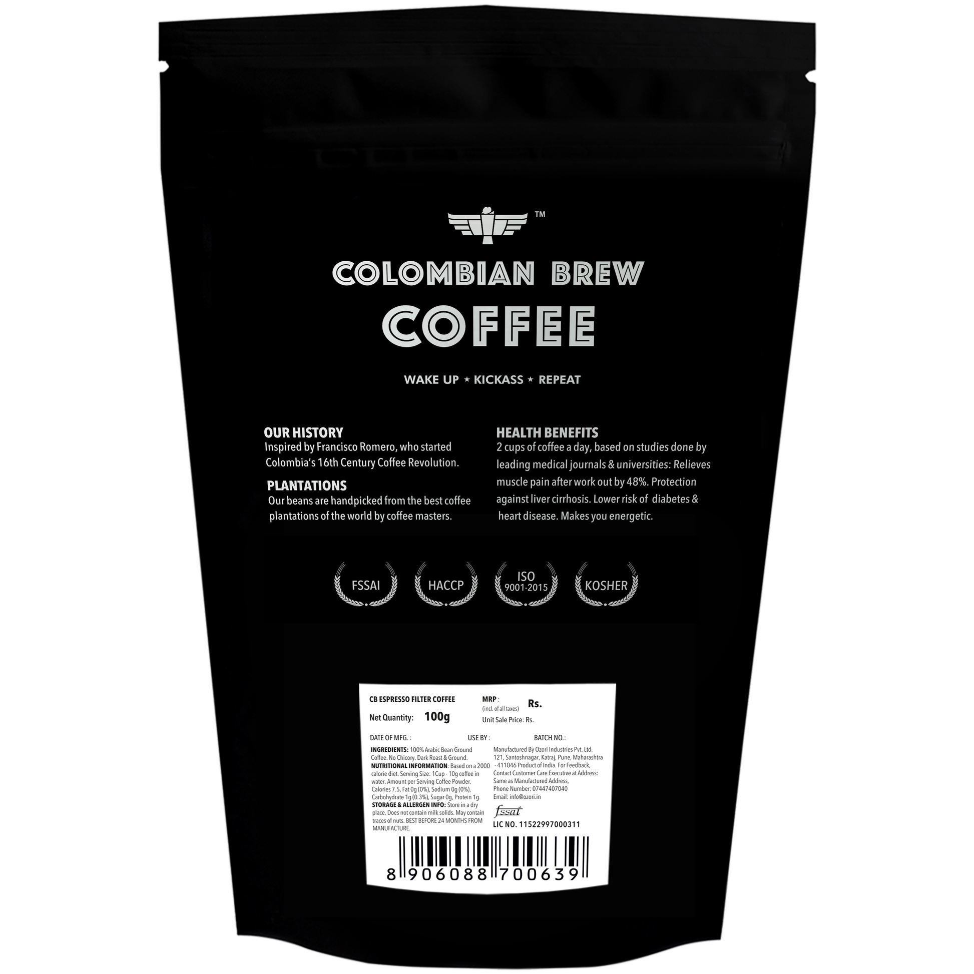 Colombian Brew Arabica Espresso Filter Coffee Powder, Roast & Ground Strong, 100g