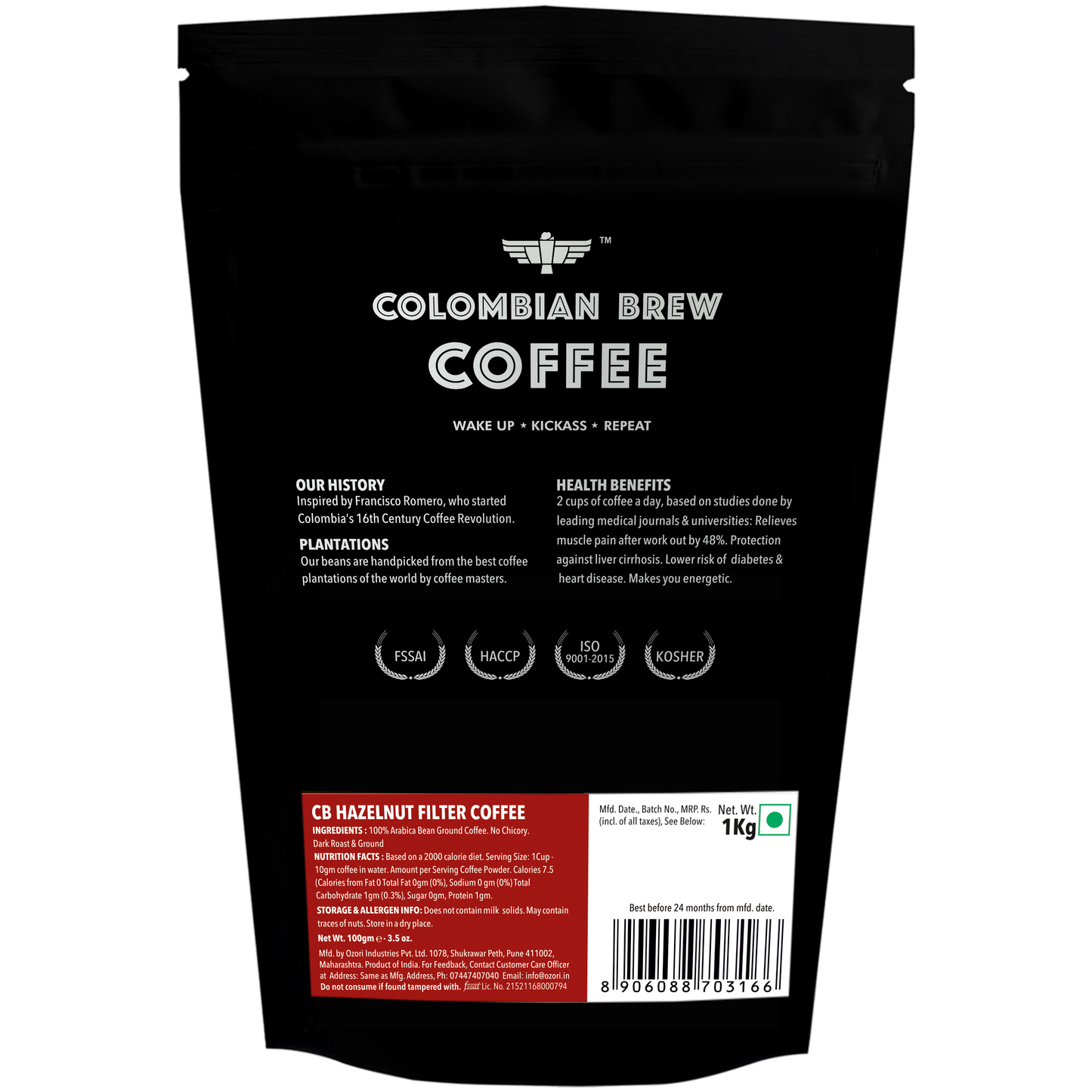 Colombian Brew Hazelnut Filter Coffee Powder, Arabica Roast & Ground, 1kg