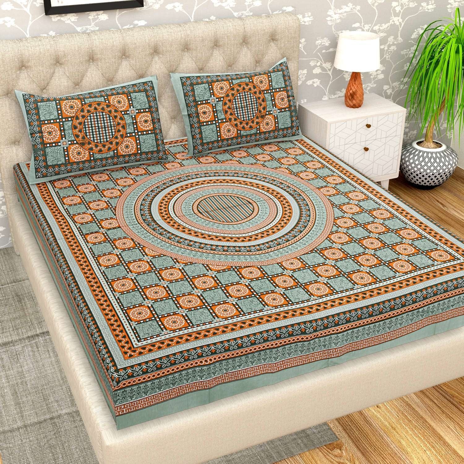 100% Pure Cotton Traditional Printed Bedsheet for Double Bed King Size Bedsheet with 2 Pillow Covers