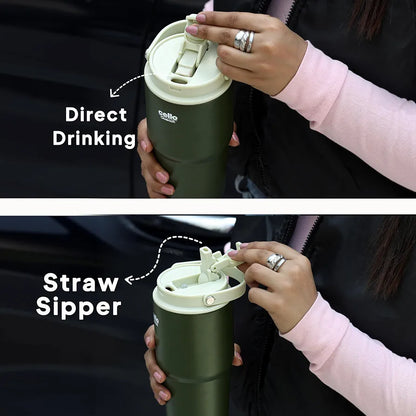 CELLO Quench Go 600 Insulated Stainless Steel Sipper Tumbler with Straw for Daily Use & Travel 600 ml Green | Double Wall Vacuum Insulated Hot & Cold Leakproof Stainless Steel Mug Tumbler for Office
