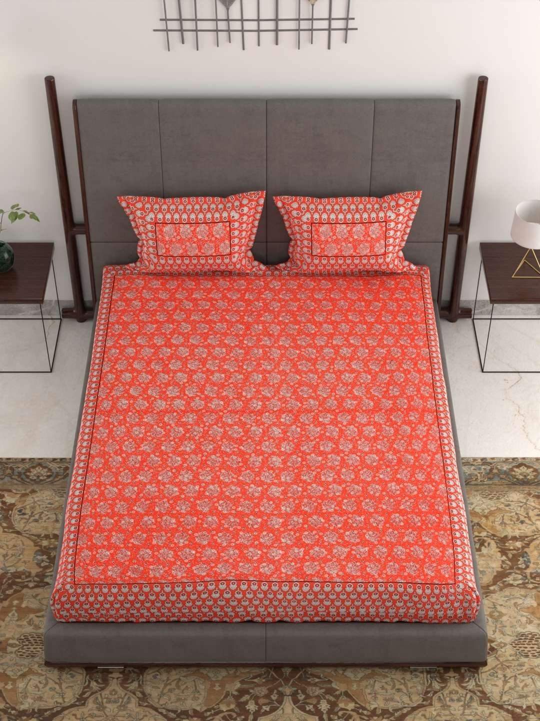 100% Pure Cotton Traditional Printed Bedsheet for Double Bed King Size Bedsheet with 2 Pillow Covers