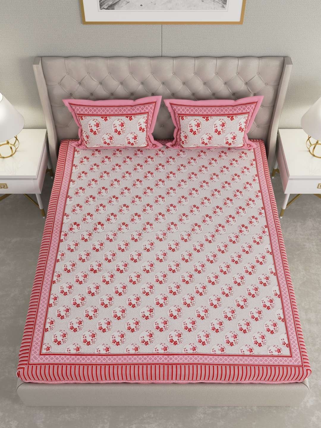 100% Pure Cotton Traditional Printed Bedsheet for Double Bed King Size Bedsheet with 2 Pillow Covers