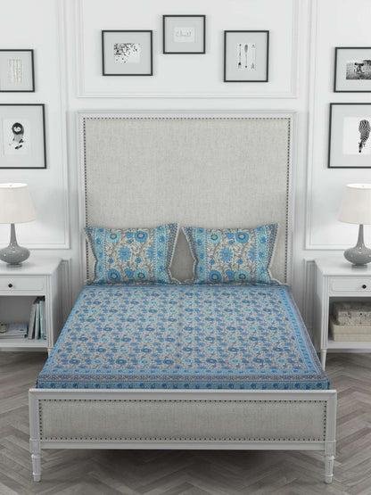 100% Pure Cotton Traditional Printed Bedsheet for Double Bed King Size Bedsheet with 2 Pillow Covers