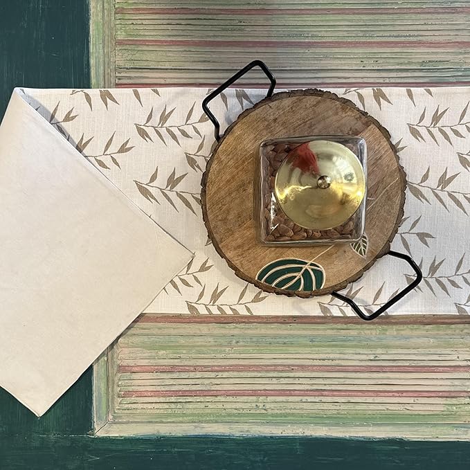 Oak & Lily Table Runner in Ivory & Beige Leaf Print Washable 4 Seater & 6 Seater Dining and Center Tables