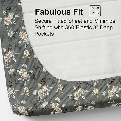 Fresh From Loom King Size Microfiber Fitted Bedsheet Set with Floral Print 240 TC Anti Fade 2 Pillow Covers Rose Oslo Grey