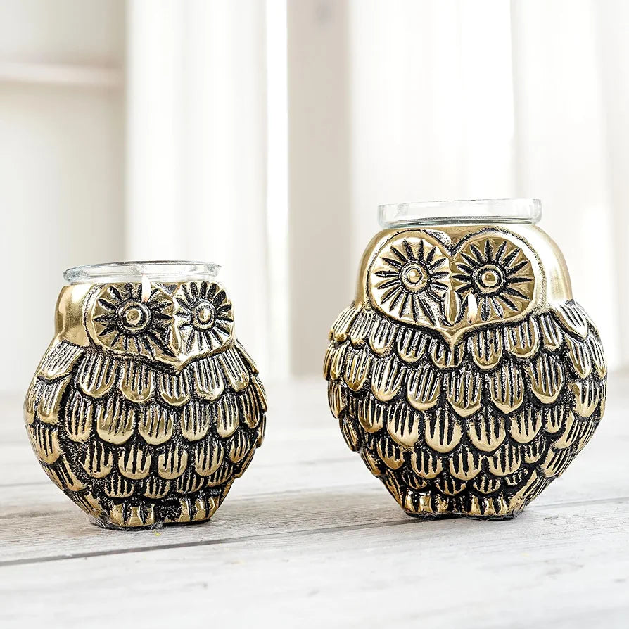 BEHOMA Aluminium Owls with Votives Set of Mother and Child | Statue for Home Decor Tabletop Living Room | Candle Holder Gift Showpiece for Mothers Day, Birthday, Anniversary | Votives Candle Included