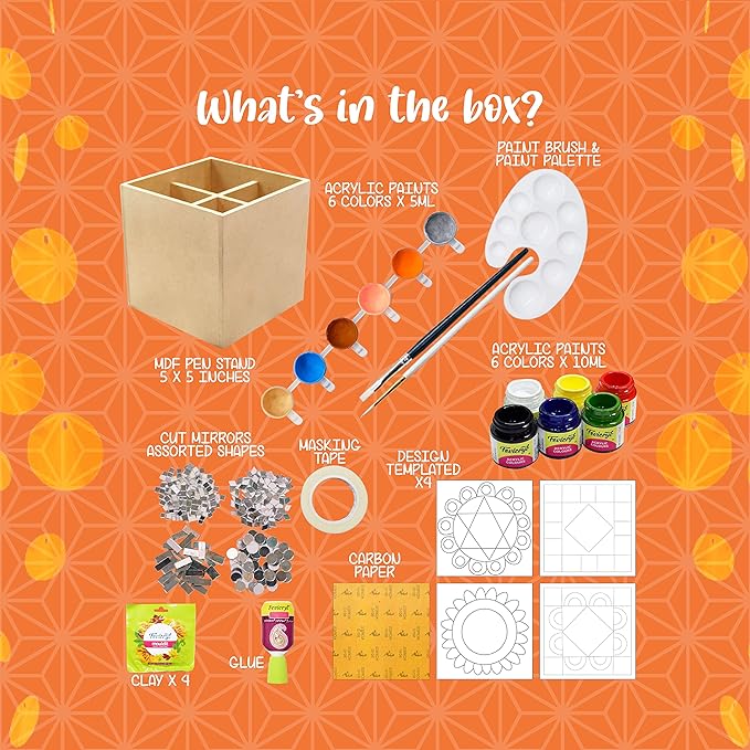 Kalakaram Make Your Own Lippan Art Pen Stand | Pen Stand Canvas for Adults and Kids | Craft Diy Kit for Kids | Traditional Painting Kits