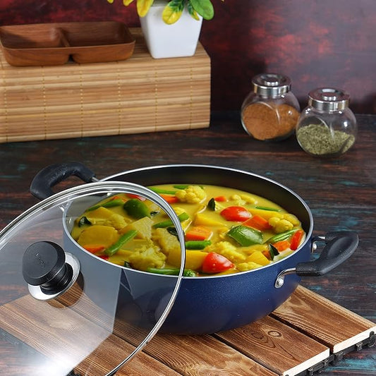 Vinod Zest Aluminium Non Stick Deep Kadhai with Glass Lid - 2 Litre, 20cm | 3 Layer Ceramic Coating | 3 mm Thick