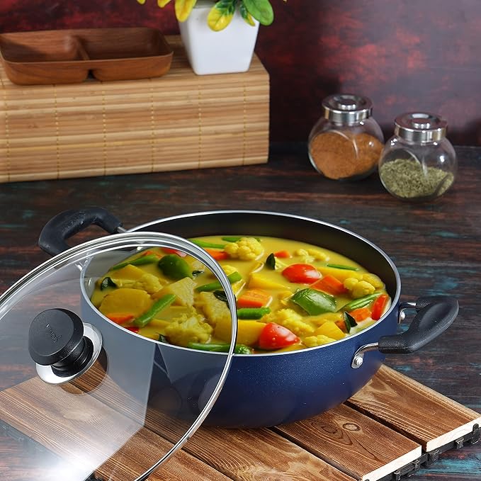 Vinod Zest Aluminium Non Stick Deep Kadhai with Glass Lid - 4.1 Litre, 26cm | 3 Layer Ceramic Coating | 3 mm Thick