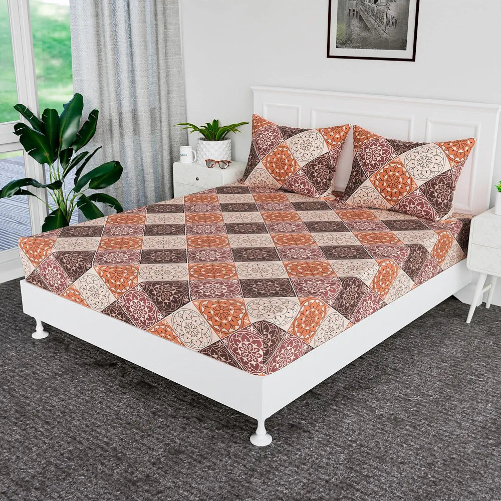 Kuber Industries Cotton Fitted Bedsheets For Double Bed With 2 Pillow Covers Brown