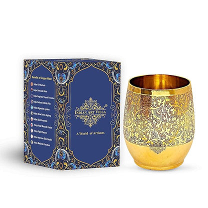 Indian Art Villa Embossed Flower Design Brass Glass Tumbler Cup - 164 gms