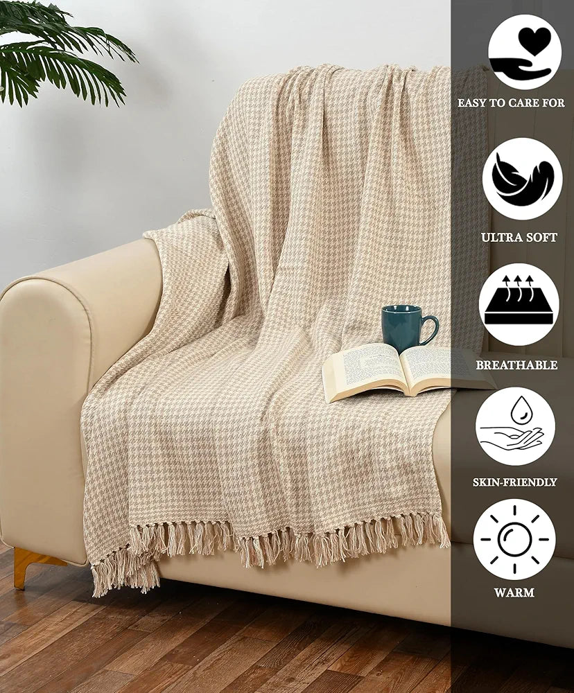 Sashaa World Beige Extra Fine Plaid Sofa Throw Colour Natural and Beige