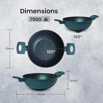 Solara 24cm 2.4L Non Stick Kadai Induction Kadai Granite Stone Kadhai with Glass Lid Bezel Colour