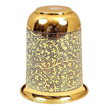 Indian Art Villa Pure Brass Glass Tumbler With Floral Vines Design - 82 gms