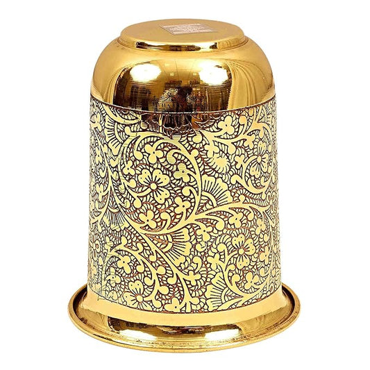 Indian Art Villa Pure Brass Glass Tumbler With Floral Vines Design - 82 gms