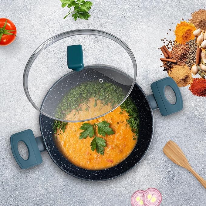 Solara 24cm 2.4L Non Stick Kadai Induction Kadai Granite Stone Kadhai with Glass Lid Bezel Colour