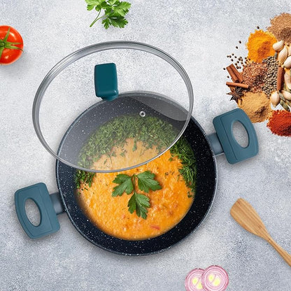Solara 24cm 2.4L Non Stick Kadai Induction Kadai Granite Stone Kadhai with Glass Lid Bezel Colour