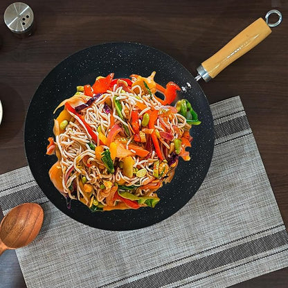 Femora Carbon Steel Wok 30 Cm With Wooden Handle | 3 Layer Non-stick Coating Wok | Black