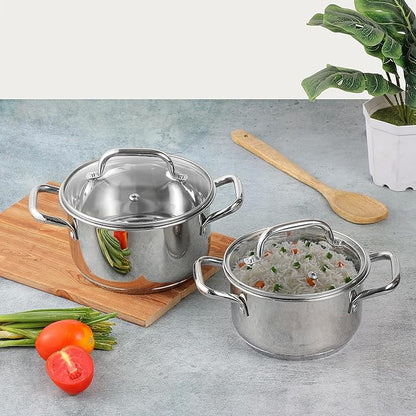Vinod Mainz Stainless Steel Cookware set of 2 | 1.2 and 2 Litre Saucepot with Glass Lid | SAS Bottom | Biryani Pot