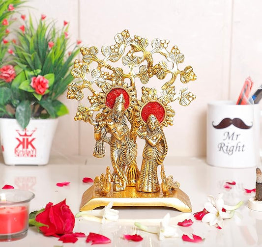 KridayKraft Radha Krishna Standing Playing Flute Under Tree idol Metal Statue Gold