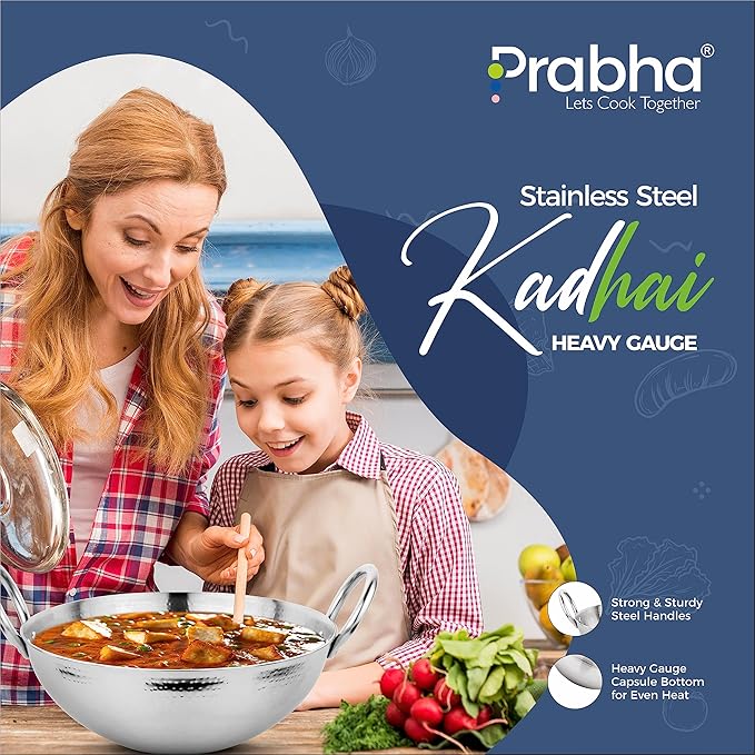 Prabha Stainless Steel Kadhai Hammered Heavy Gauge 280mm 3.4L Ideal for Home & Kitchen