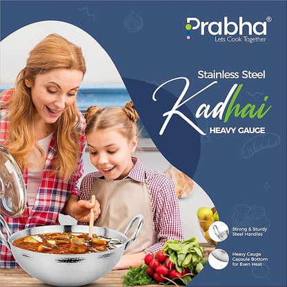 Prabha Stainless Steel Hammered Finish Heavy Gauge Kadhai, Kitchen Wok with 5.8L Capacity 320 mm
