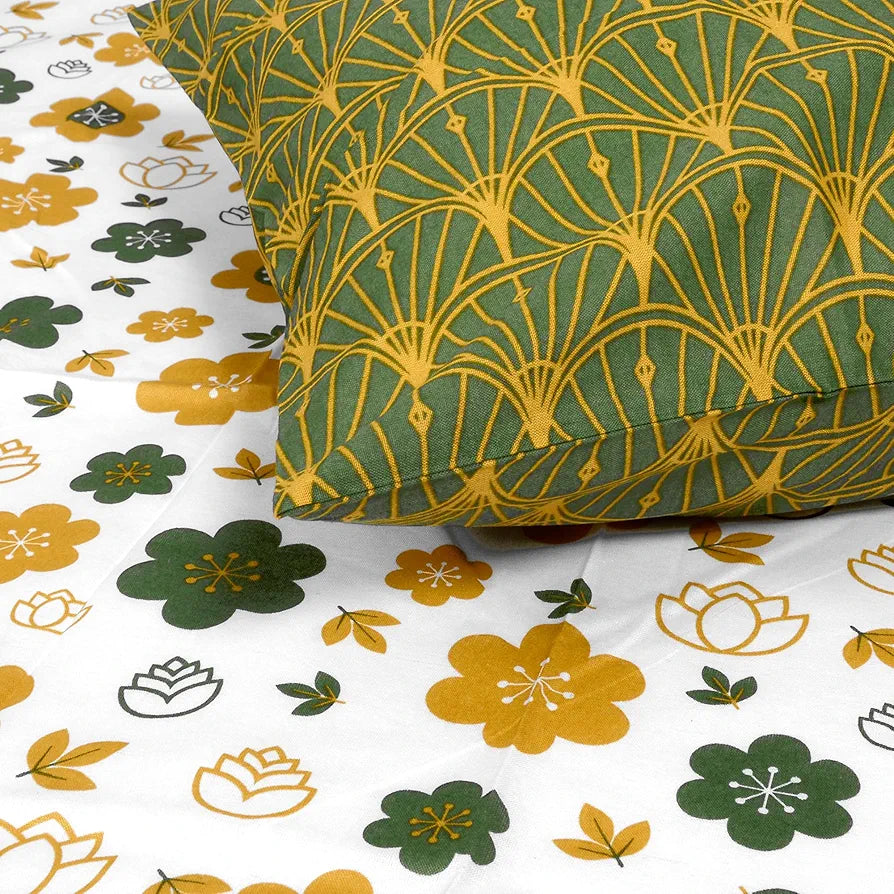 Divine Casa Double Size Bedsheet for Double Bed 144 TC Pure Cotton Queen Size with 2 Pillow Covers Floral Colour Mustard Green