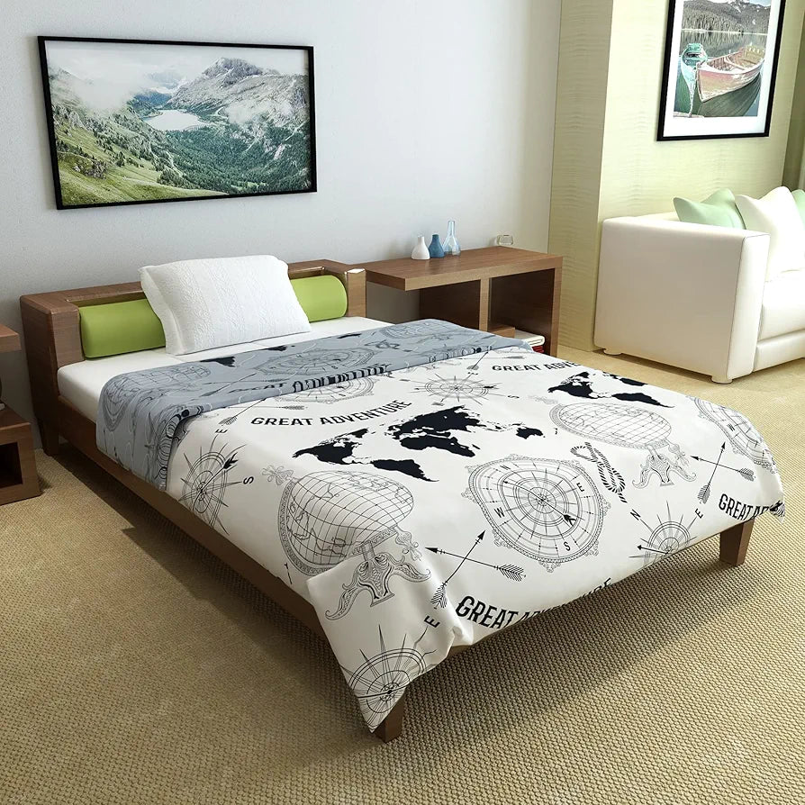 Divine Casa Microfibre Mild Winter 120 GSM Printed Reversible Single Bed Size Quilt Comforter Blanket TC - 120 Colour Light Grey and Black