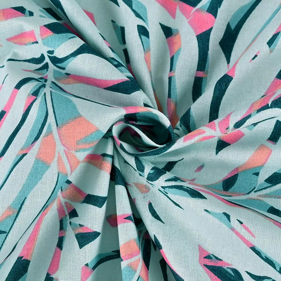 Divine Casa 144 TC 100% Pure Cotton Single Size Bedsheet with 1 Pillow Cover Tropical LeafColour Light Blue Pink