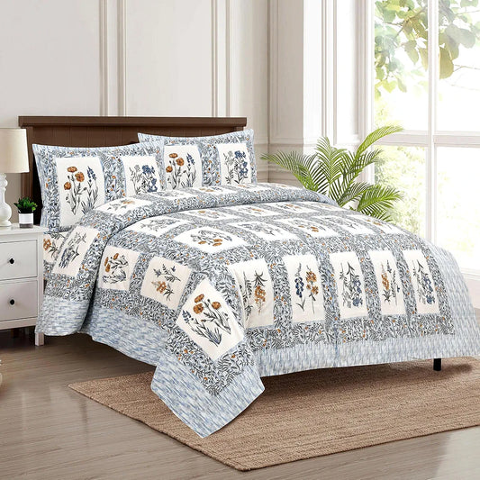 Kuber Industries Double Bedsheet with 2 Pillow Covers 160 TC Premium Cotton Dezier Check Flower Blue