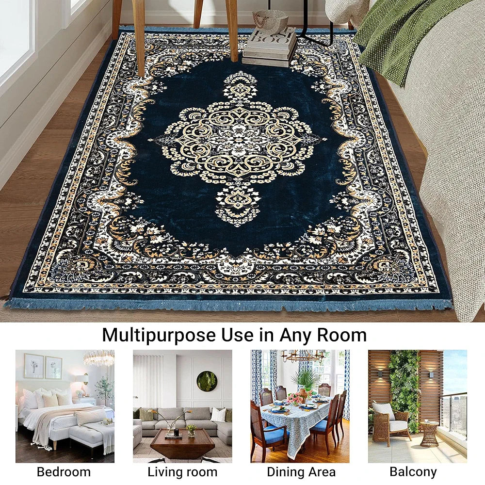 Kuber Industries 5x7 Feet Carpets for Living Room Machine Washable Bedside Floor Rugs Premium Mat Navy & Sea Blue
