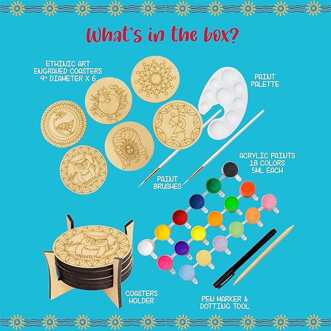 Kalakaram Paint Your Own Ethnic Art Coasters Diy Kit With Design Paint | Painting Set | Kit for Kids