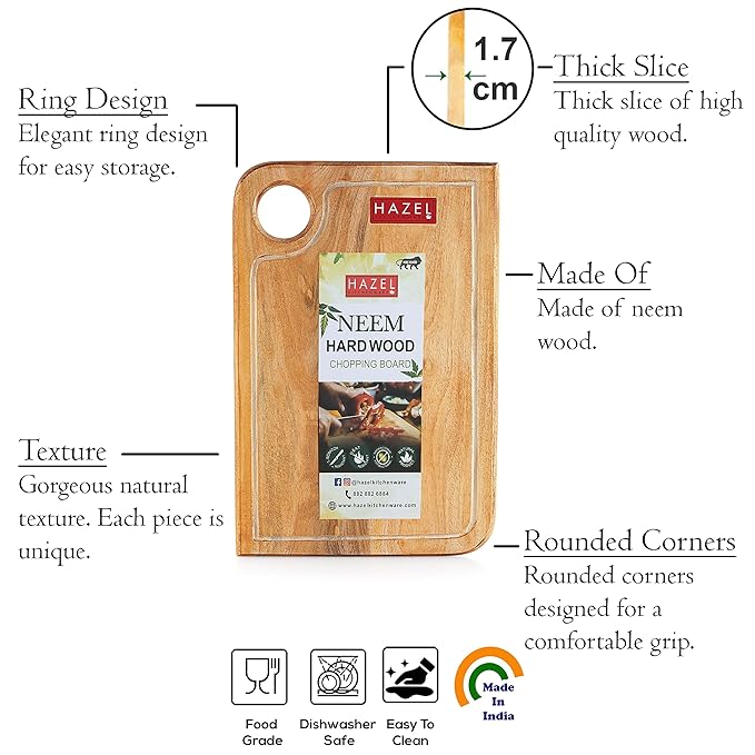 Hazel Neem Wood Chopping Board 12 x 17 Inch (43.5 x 30.7 cm) Vegetable Chopping Board